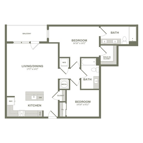 A floor plan of a home with two bedrooms, a living area, a kitchen, a bathroom, a balcony, and a walk-in closet.